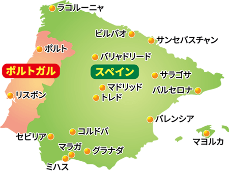 スペイン・ポルトガルの地図（＊イラスト：ちゅんさん）