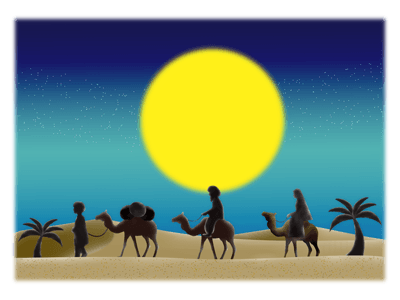 月の砂漠のイメージ（＊イラスト：こびとのくつやさん）