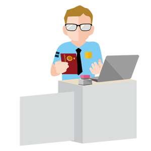 入国審査のイメージ（＊イラスト：acworksさん）