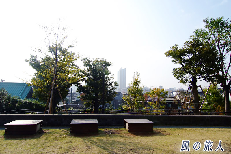 円泉ヶ丘公園　かまどベンチとキャロットタワーの写真