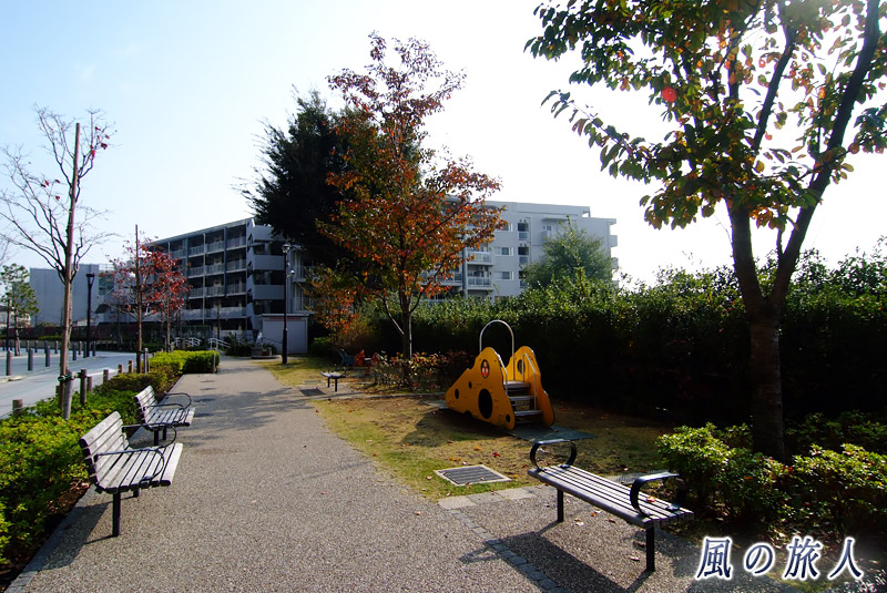 円泉ヶ丘公園　プラザ空間のベンチや遊具の写真