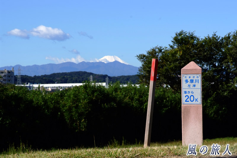 多摩川の風景　土手の距離案内と富士山を写した写真
