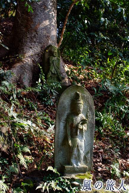五島美術館庭園　林の中に置かれた石仏の写真