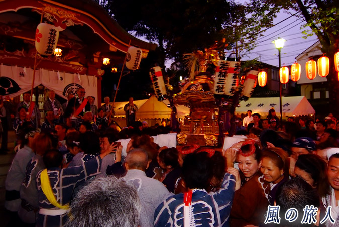 若林稲荷神社の神輿渡御2009年　拝殿前でもむ神輿の写真