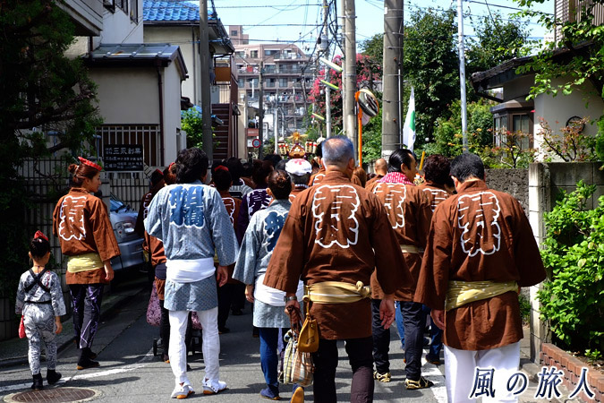 若林稲荷神社の神輿渡御　狭い道を進む神輿と担ぎ手の写真