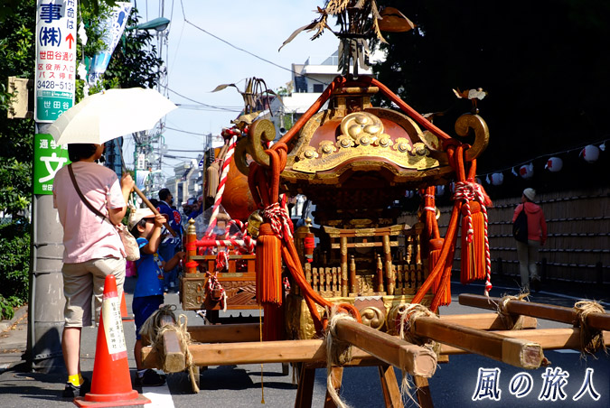 上町天祖神社の秋祭り　ボロ市通りに並ぶ神輿の写真