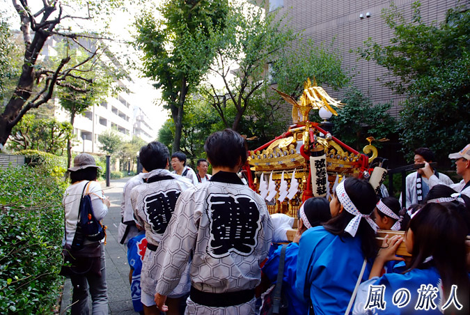 弦巻神社の子供神輿渡御　蛇崩川緑道を進んでいく子供神輿の写真