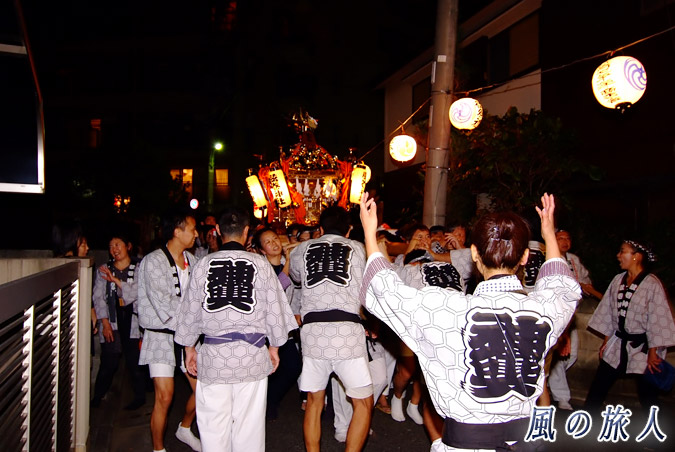 弦巻神社の神輿渡御　神社前の路地を進む神輿の写真
