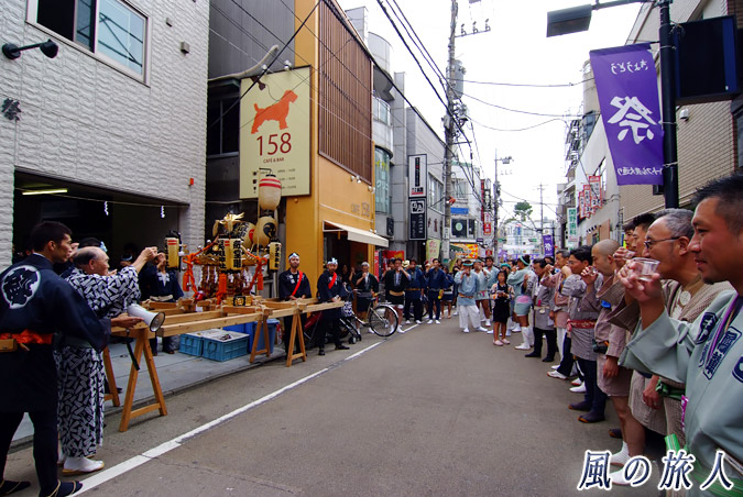 経堂天祖神社の神輿渡御　2010年農大通り商店街　乾杯の写真