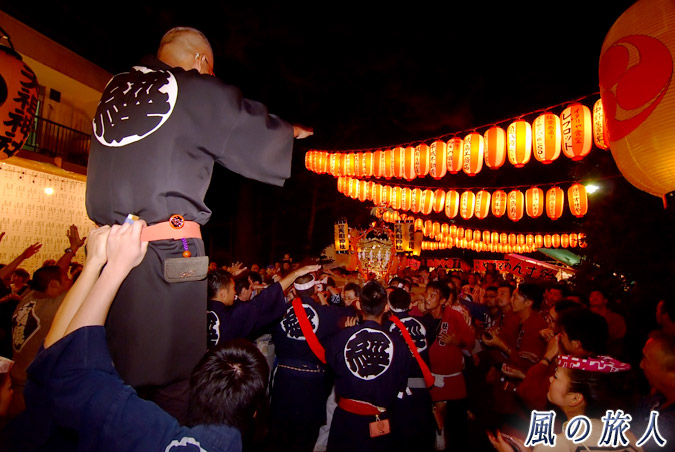 経堂天祖神社の神輿渡御　2012年宮入り　担ぎ手たちが息をを合わせて神輿を収めめる写真