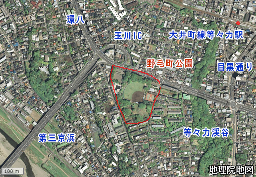 2009年の野毛の航空写真（国土地理院）